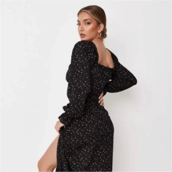 Missguided Black Button-Front Printed Milkmaid Midi Dress - Picture 2 of 8